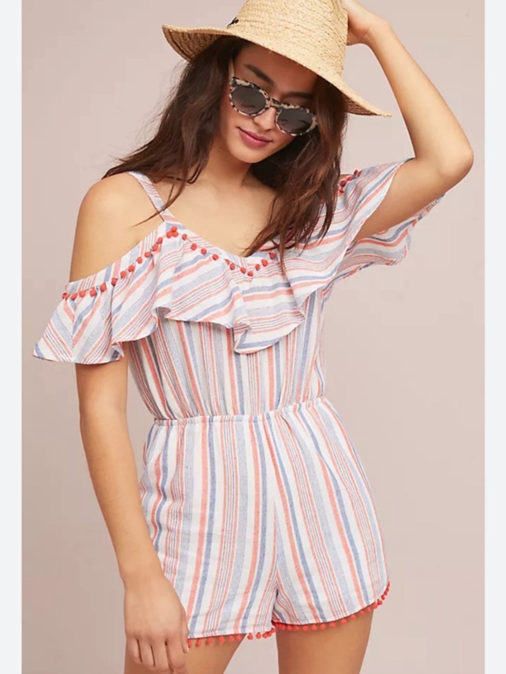 Moon River Cotton Striped Cold-Shoulder Romper with Pom Trim - Multi Size Medium